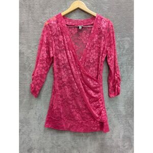 Coquette Lace Wrap Top Womens Large Hot Pink Sheer Floral V-Neck 3/4 Sleeve